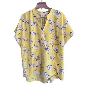 Cabi Women's XL Yellow Blue Floral Print V-Neck Short Sleeve High Low Blouse Top